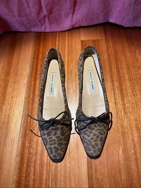 Manolo Blahnik Leopard Print Pointed Toe Flats in Brown and Black